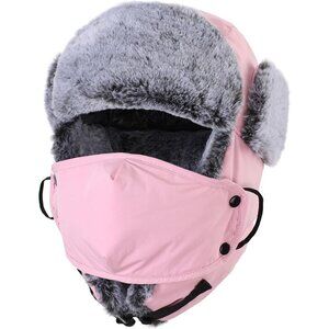 Faux Fur Lined Trapper Hat with Face Mask Water Repellent Winter Hat for Men